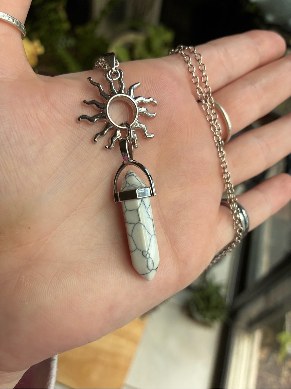 Celestial Sunburst & White Howlite Crystal Point Necklace | Silver Boho Pendant - Picture 5 of 7